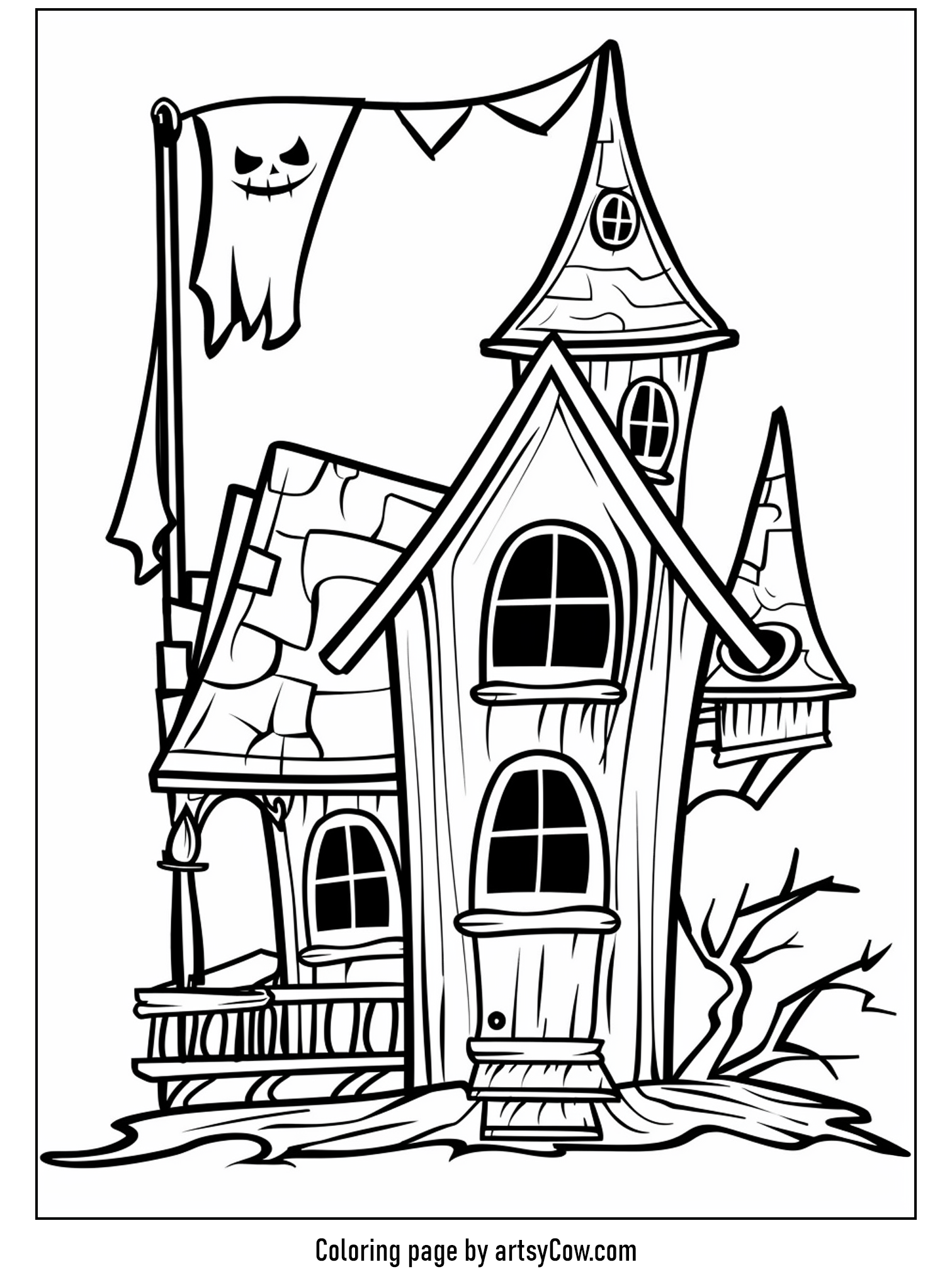 free halloween coloring pages for kids and adults, featuring a haunted house with a whimsically smiling banner and detailed spooky architecture.